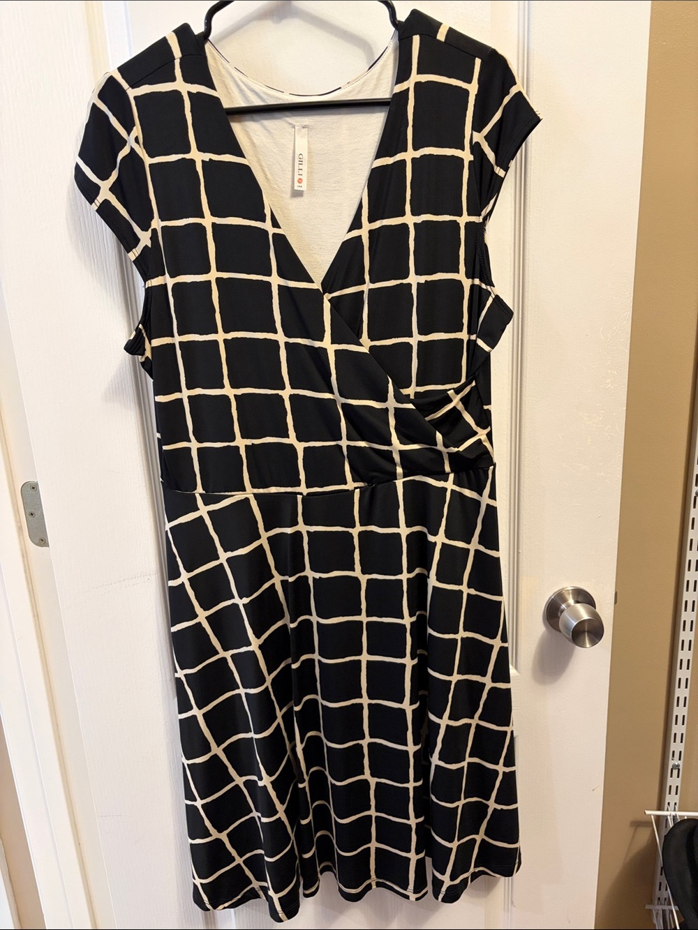 Gilli Black and Cream Windowpane Faux-Wrap Midi Dress